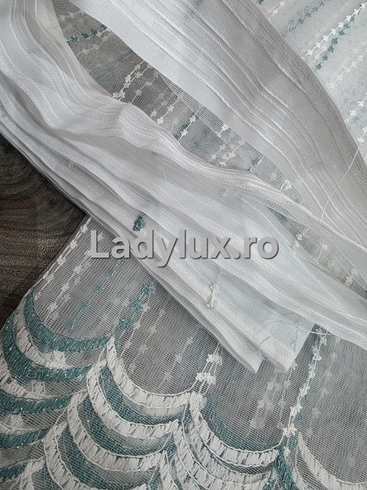 Perdea Tulle cu Broderie Alb+Turcoaz - Model Soly 4M x 2.5h Cu Tiv si Rejansa [4]