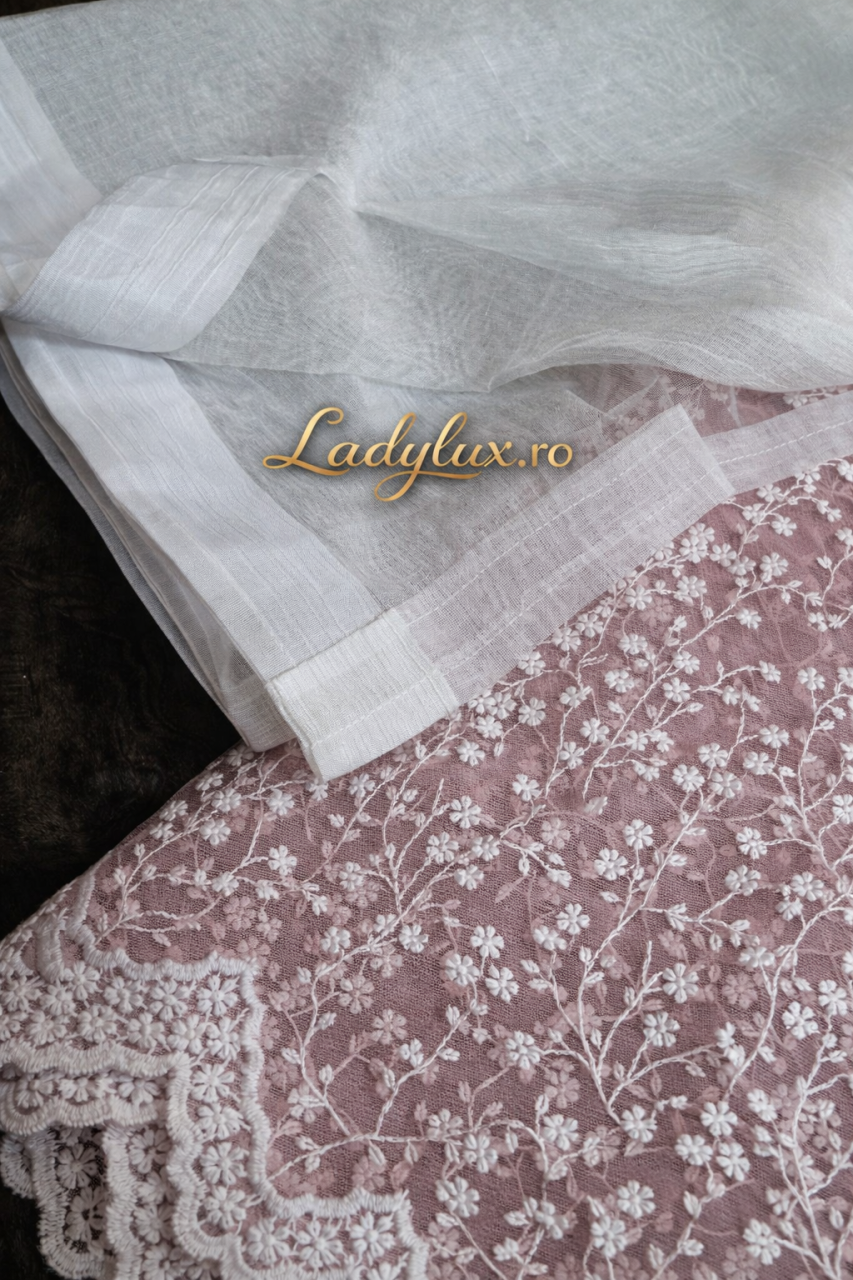 Perdea Tulle Umbre Roz cu broderie Alba - Cu Tiv si Rejansa Model Floricele 3M x 2.5h [3]