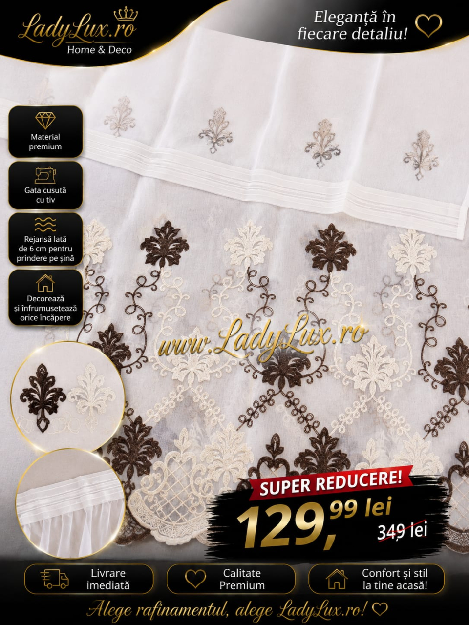 Perdea IN cu Broderie Alba+ Maro   MODEL ARABESC - 4M x 2.6 h Cu Tiv si Rejansa [2]