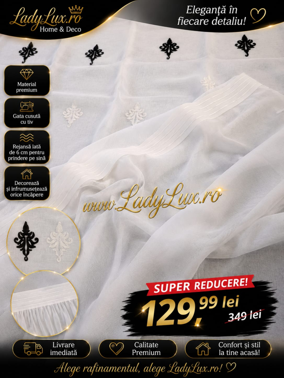 Perdea IN cu Broderie Alba+ Negru  MODEL ARABESC - 4M x 2.6 h Cu Tiv si Rejansa [2]