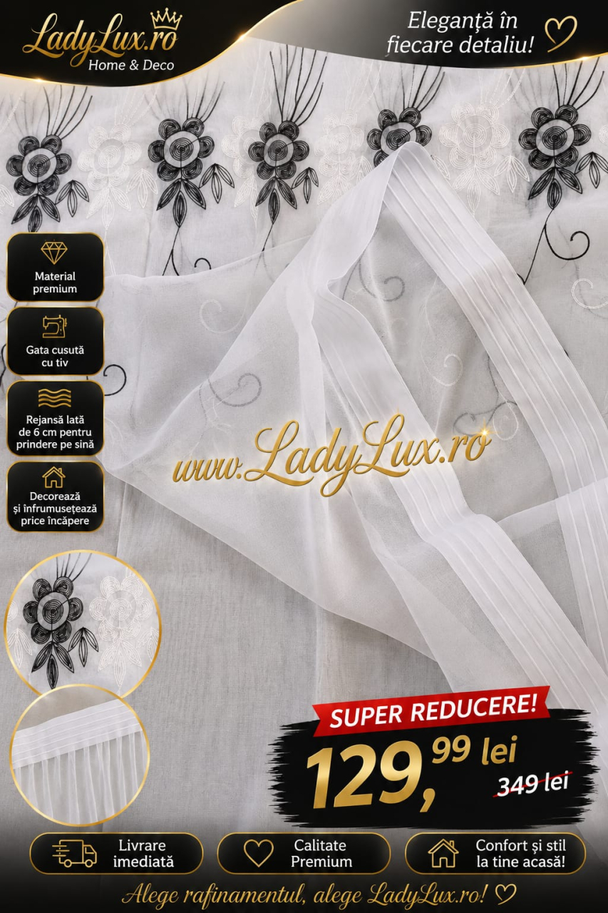 Perdea IN cu Broderie Alba+ Negru  MODEL YASMIN - 4M x 2.6 h Cu Tiv si Rejansa [2]