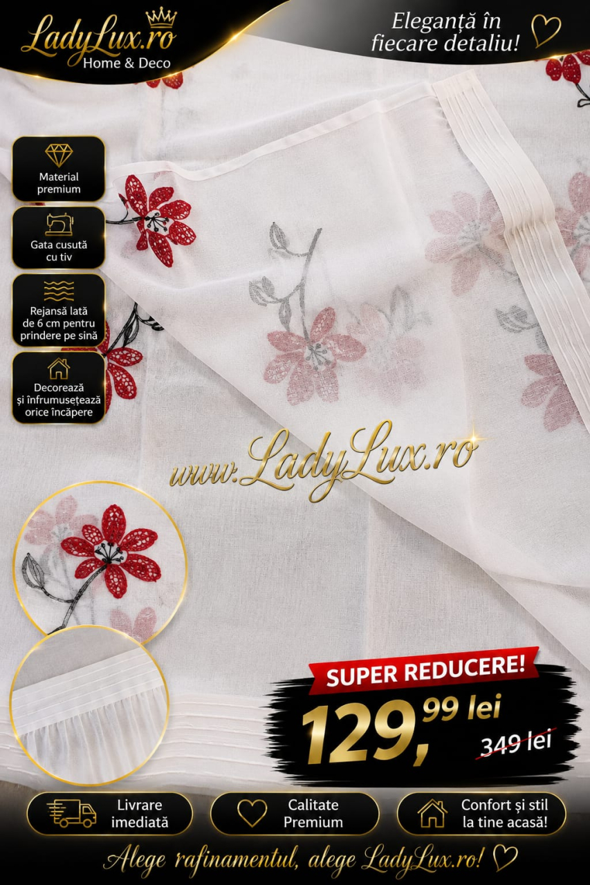 Perdea IN cu Broderie Alba+ Rosu  MODEL YASMIN - 4M x 2.6 h Cu Tiv si Rejansa [3]