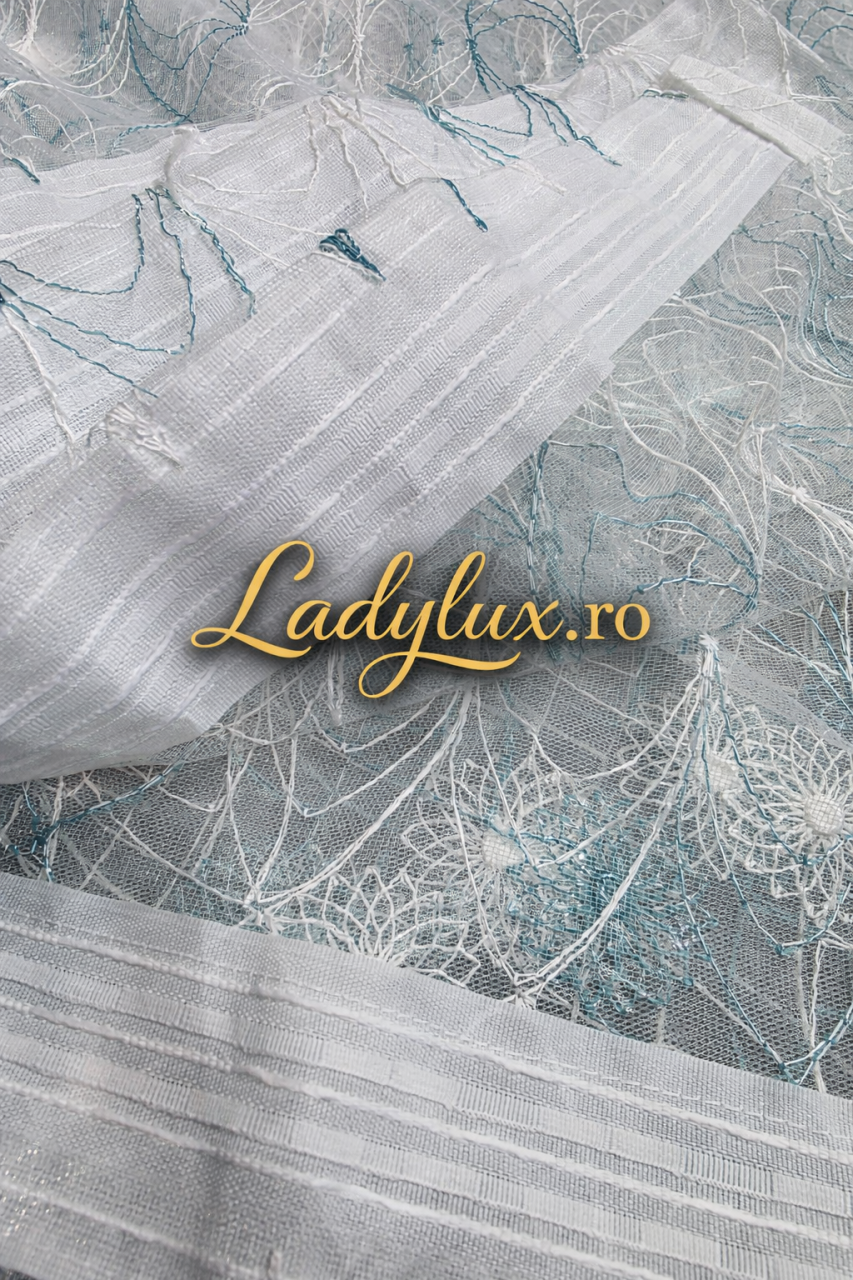 Perdea Tull cu Broderie Alba+Turcoaz - 4M x 2.5h -Cu Tiv si Rejansa [2]