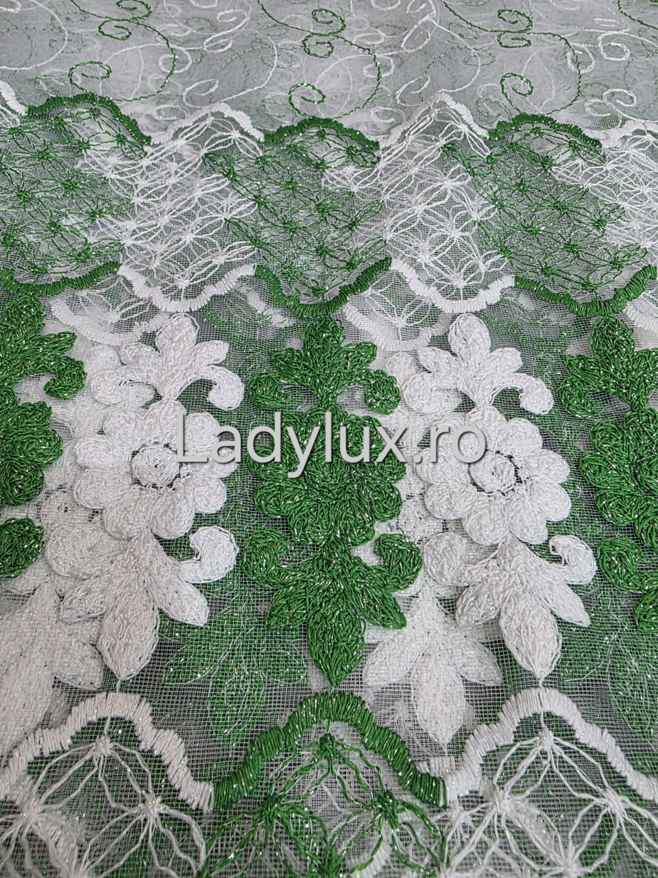 Perdea Tulle  Alba+Verde Model Flori cu Tiv si Rejansa  4M x 2.5h [3]