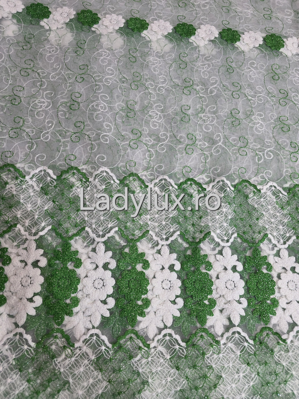 Perdea Tulle  Alba+Verde Model Flori cu Tiv si Rejansa  4M x 2.5h [2]