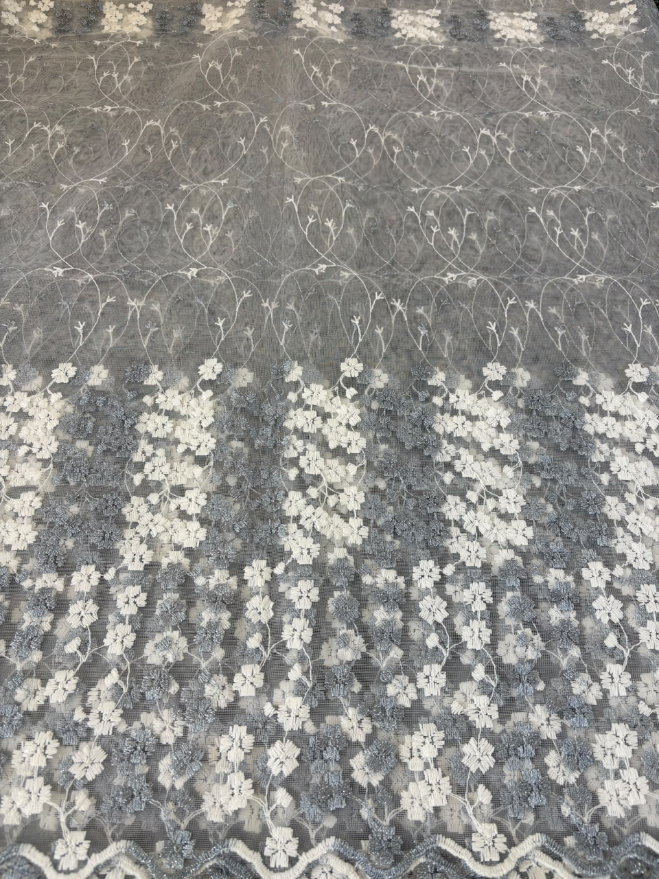Perdea Tulle Broderie Alb+Gri Albastrui Model Floral- Cu Tiv si Rejansa - 3M x 2,5h [2]