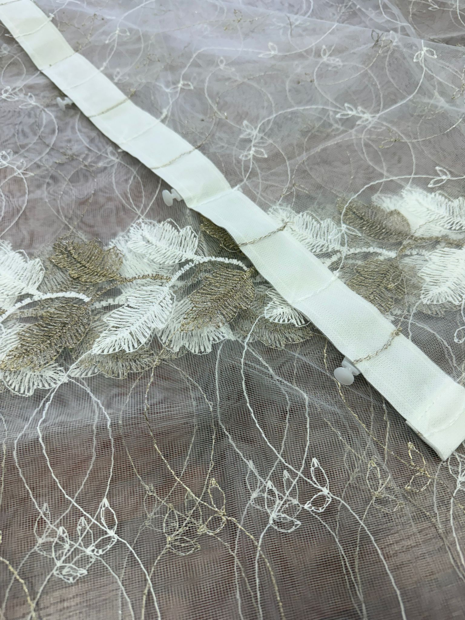 Perdea Tulle cu Broderie Alb+Capucino Model Frunza - Cu Tiv si Rejansa - 3M x 2.5 h [3]