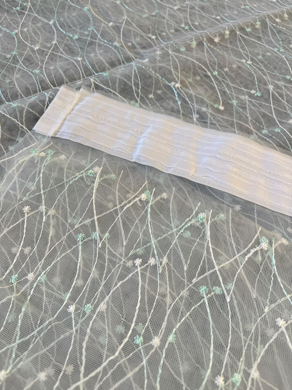 Perdea Tulle cu Broderie Alb+Verde Menta Pastel  Model Catrina - Cu Tiv si Rejansa - 3M x 2.5 h [5]