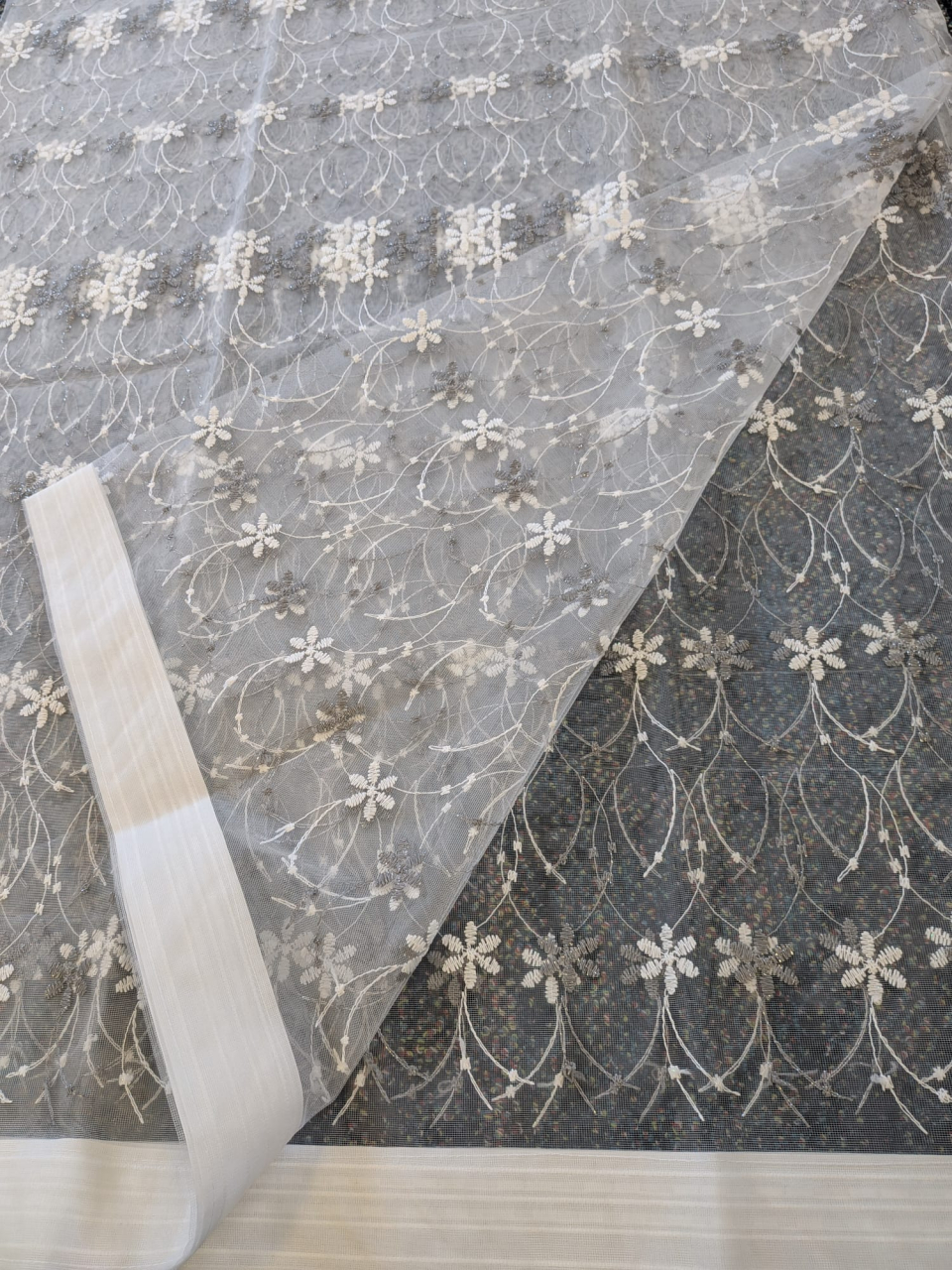 Perdea Tulle cu Broderie Alba+Gri- Model Cineraria  - Cu Tiv si Rejansa - 4M x 2.5h [2]