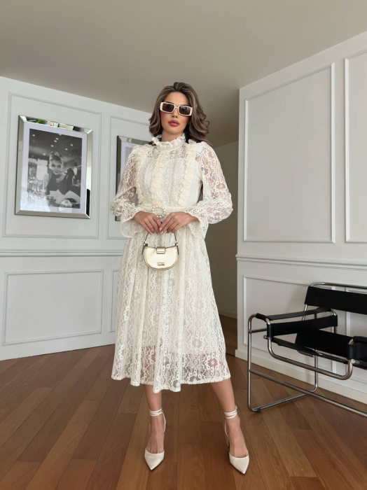 Rochie Alba midi Sara NepaGvF, cu dantela si accesoriu in talie [2]