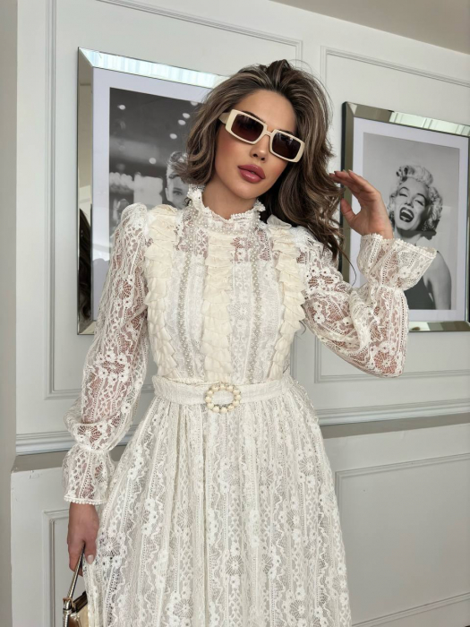 Rochie Alba midi Sara NepaGvF, cu dantela si accesoriu in talie [4]