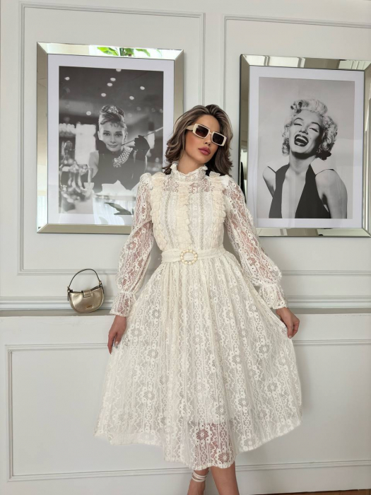 Rochie Alba midi Sara NepaGvF, cu dantela si accesoriu in talie [3]