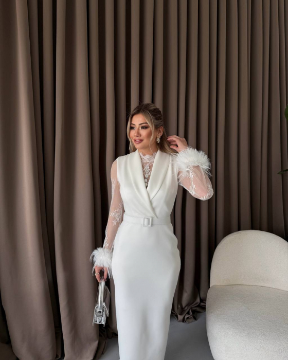 Rochie elegantă Albă, maxi, N2501, cu pene si curea asortata [2]