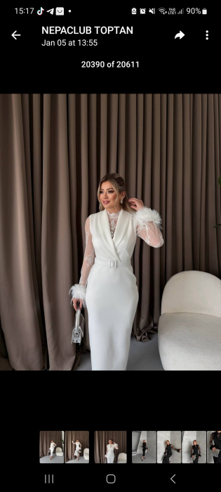 Rochie elegantă Albă, maxi, N2501, cu pene si curea asortata [4]