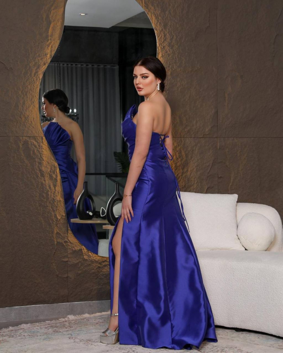 Rochie eleganta Albastra din satin cu trena Aksa H4kGvF [2]
