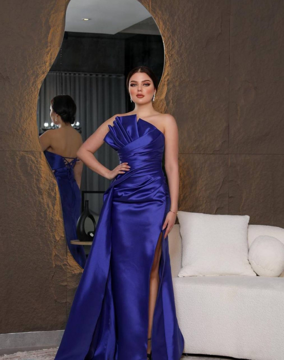 Rochie eleganta Albastra din satin cu trena Aksa H4kGvF [1]