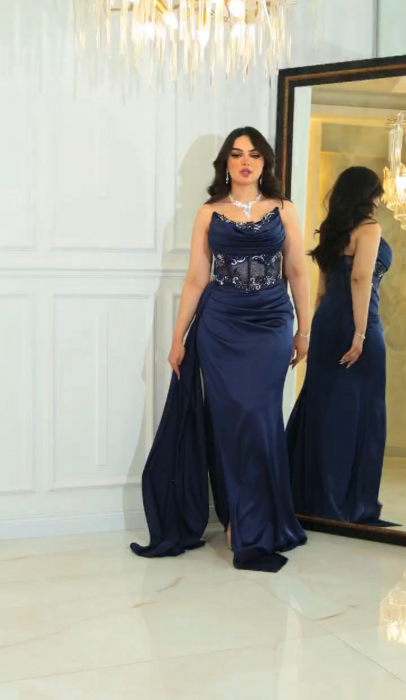 Rochie eleganta Giuly FloraGvF, lunga, cu strasuri si model perforat, Bleumarin [2]