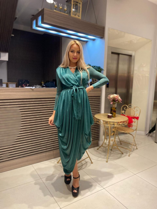 Rochie eleganta Glamy NefertiGvF, midi, cu sclipici, Turcoaz [1]