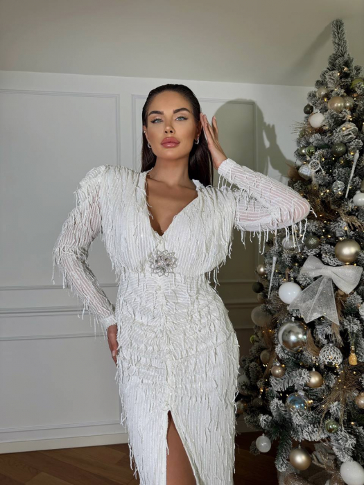 Rochie eleganta lunga Star NepaGvf, cu franjuri din paiete, Alba [5]