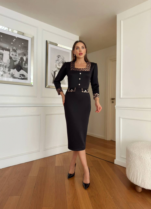 Rochie elegantă midi Neagra Charlet, cu decolteu drept si imprimeu animal print [6]