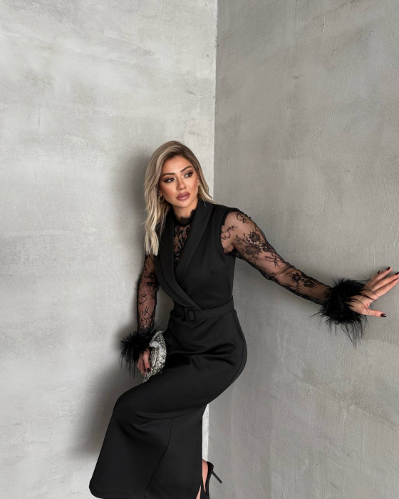 Rochie elegantă Neagră, maxi, N2501, cu pene si curea asortata [5]
