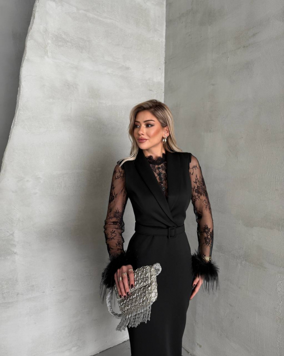 Rochie elegantă Neagră, maxi, N2501, cu pene si curea asortata [2]