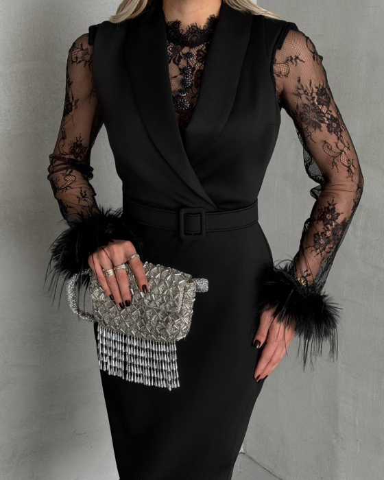 Rochie elegantă Neagră, maxi, N2501, cu pene si curea asortata [3]