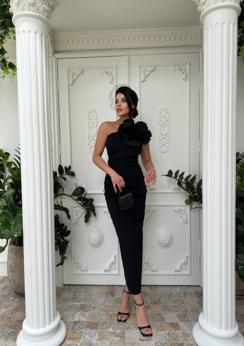 Rochie eleganta Neagra NepaFsh Flower, cu floare supradimensionata pe umar [4]