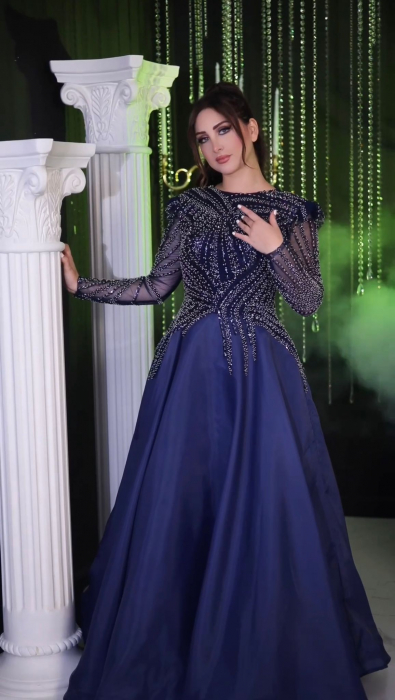 Rochie eleganta stil printesa, Bleumarin cu mâneci lungi, lucrata manual Safini Pansy, decorata cu paiete [1]