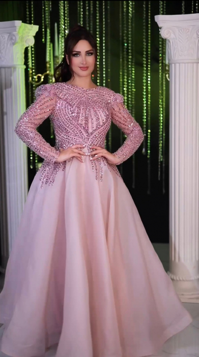 Rochie eleganta stil printesa, Roz cu mâneci lungi, lucrata manual Safini Pansy, decorata cu paiete [2]