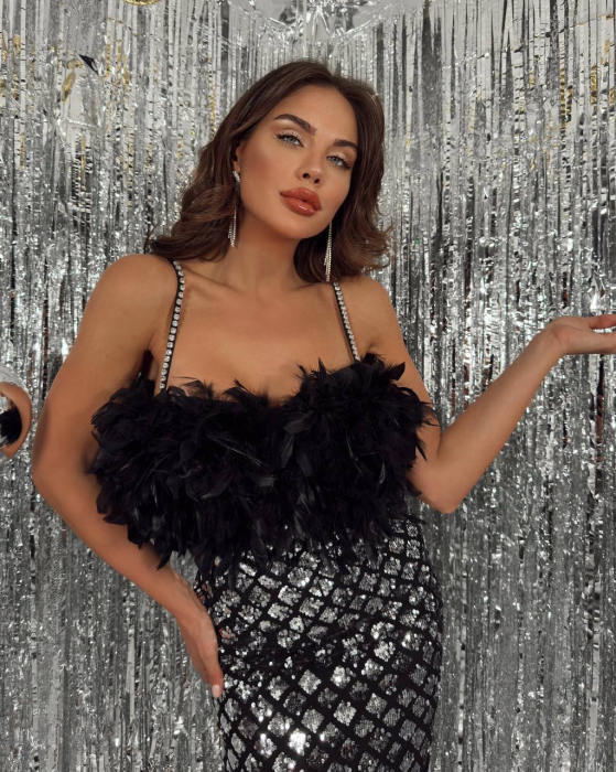 Rochie elegeanta Negru/Argintiu midi Sirenne NepaGvf cu paiete si pene [2]