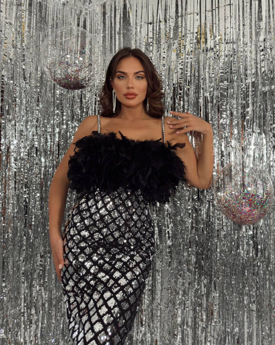 Rochie elegeanta Negru/Argintiu midi Sirenne NepaGvf cu paiete si pene [3]