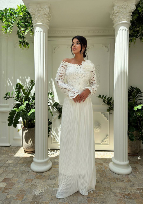 Rochie lunga Alba, Yllusion NepaGvf, cu detalii perforate si floare 3D din tulle [3]