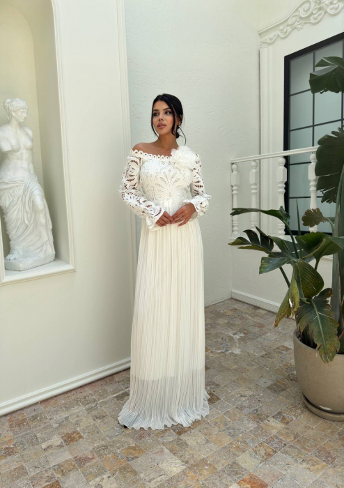 Rochie lunga Alba, Yllusion NepaGvf, cu detalii perforate si floare 3D din tulle [4]