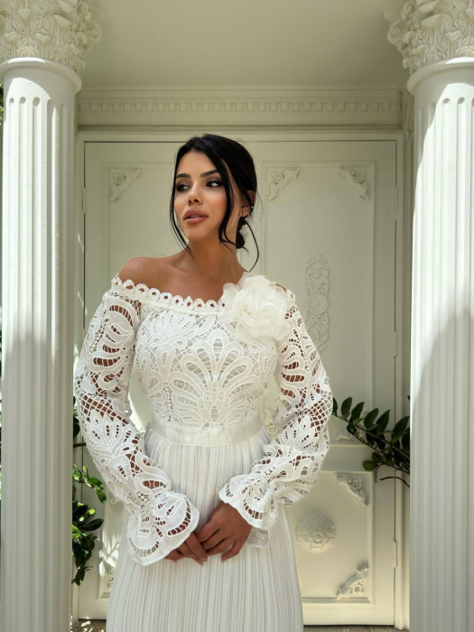 Rochie lunga Alba, Yllusion NepaGvf, cu detalii perforate si floare 3D din tulle [1]