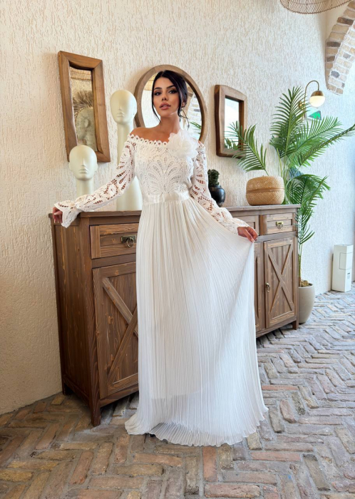 Rochie lunga Alba, Yllusion NepaGvf, cu detalii perforate si floare 3D din tulle [2]
