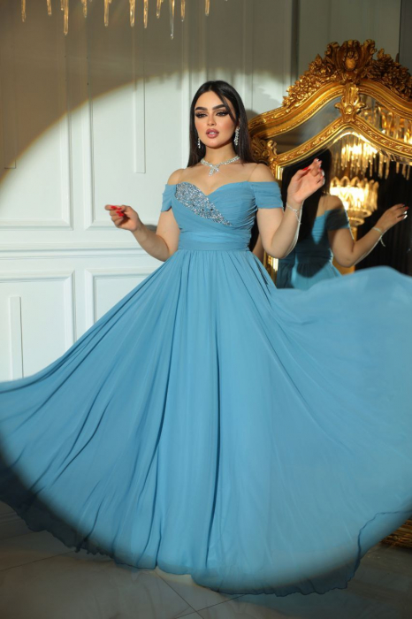 Rochie lunga Bleu FloraGvF, din voal plin, cu umerii cazuti [1]