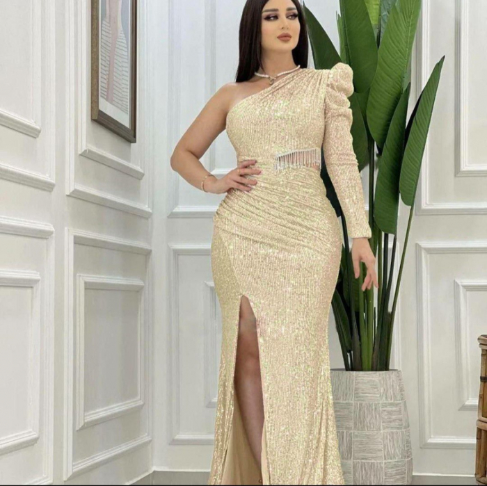 Rochie lunga de ocazie cu paiete NEF04, Crem [5]