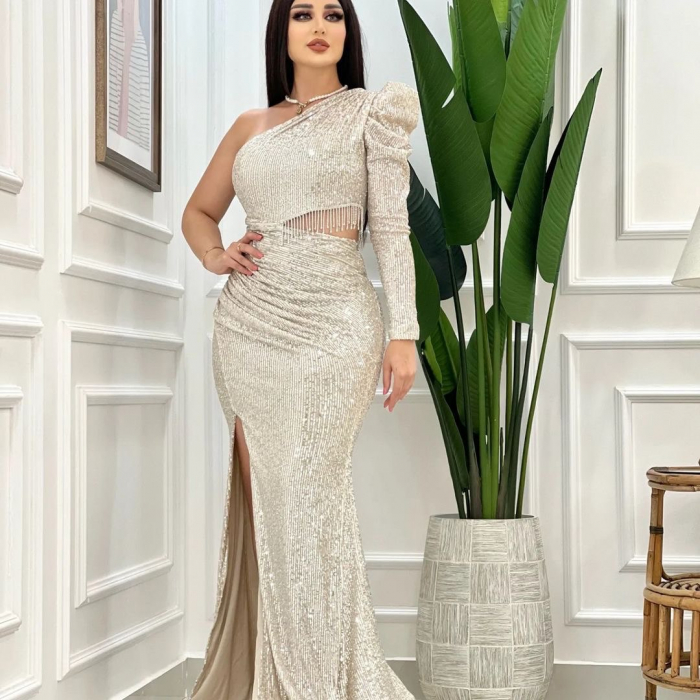 Rochie lunga de ocazie cu paiete NEF04, Crem [1]