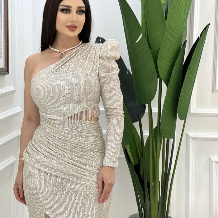 Rochie lunga de ocazie cu paiete NEF04, Crem [6]