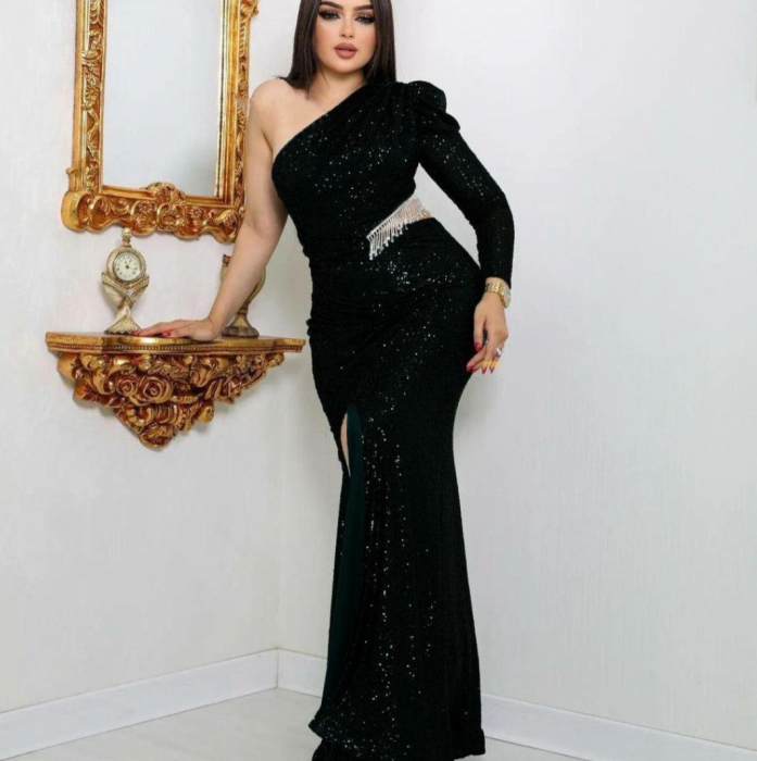 Rochie lunga de ocazie cu paiete NEF05, Neagra [1]