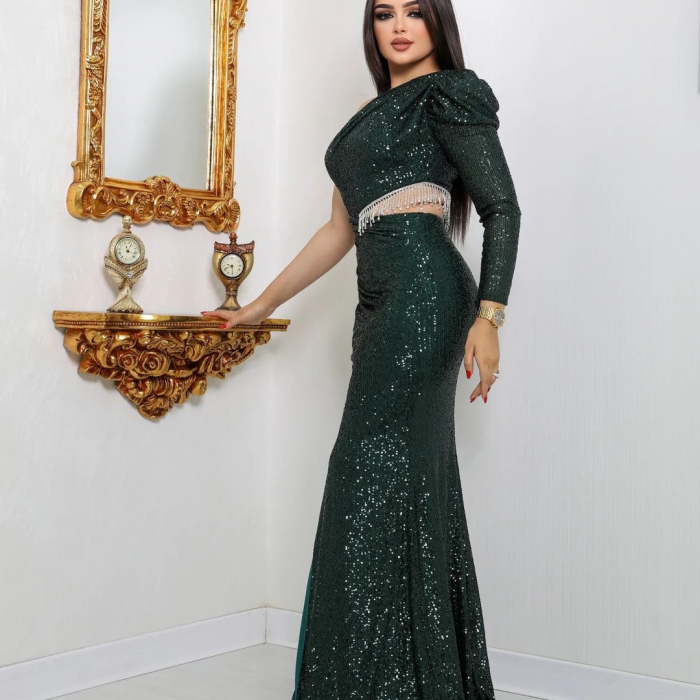 Rochie lunga de ocazie cu paiete NEF06, Verde [3]