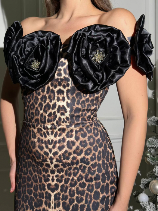 Rochie lunga eleganta, Animal Print, cu flori supradimensionate si crapatura, N202549 [2]