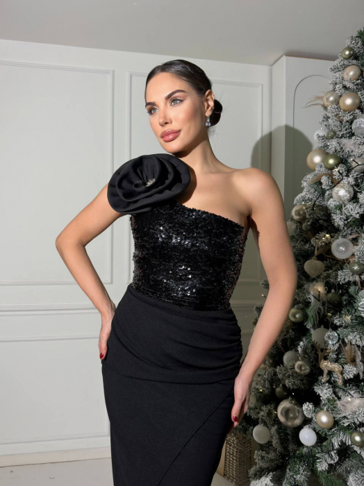 Rochie lunga eleganta, cu paiete, Neagra, cu floare supradimensionata, N202554 [2]