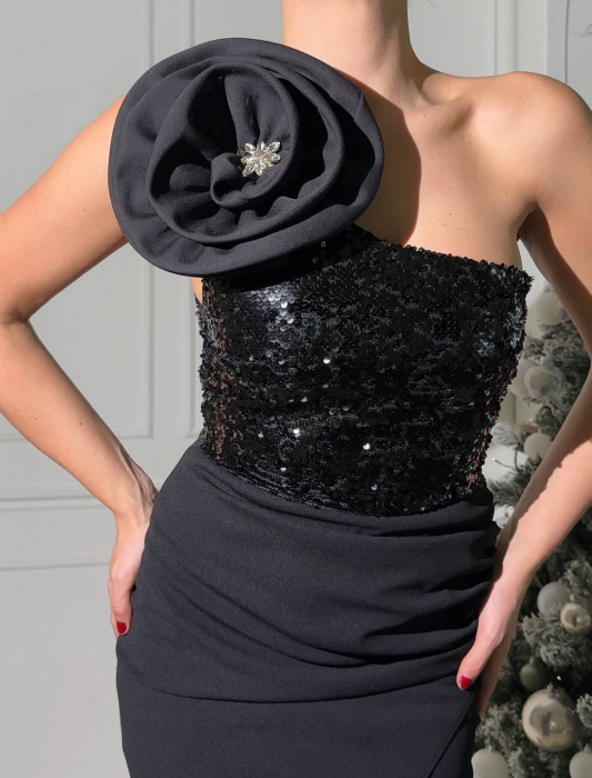 Rochie lunga eleganta, cu paiete, Neagra, cu floare supradimensionata, N202554 [5]
