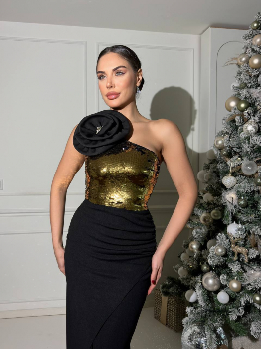 Rochie lunga eleganta, cu paiete, Negru/Auriu, cu floare supradimensionata, N202554 [1]