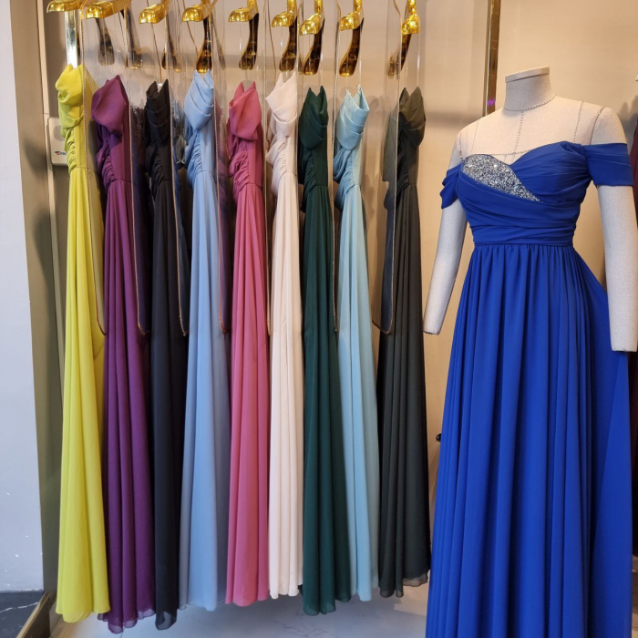 Rochie lunga Albastra FloraGvF, din voal plin, cu umerii cazuti [2]
