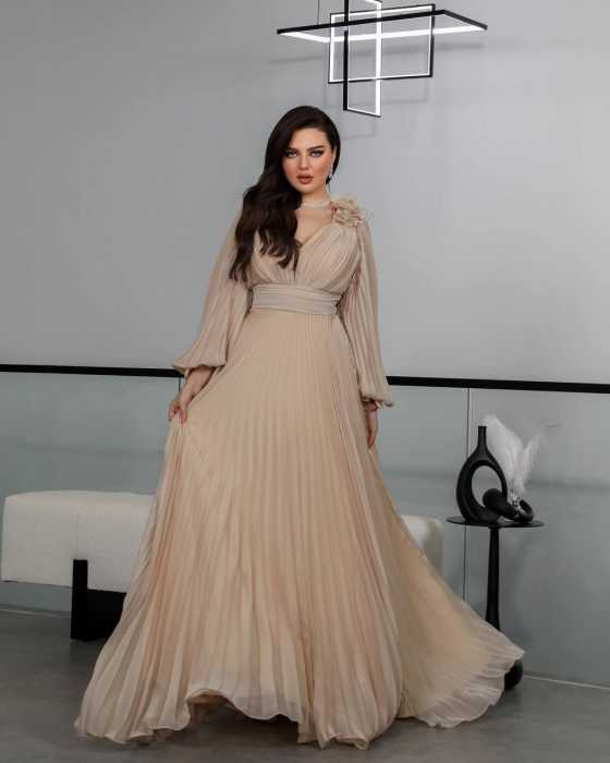 Rochie lunga Luxsya H4kGvFcu pliuri si floare, Bej [4]