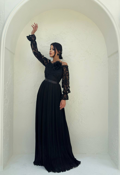 Rochie lunga Neagra, Yllusion NepaGvf, cu detalii perforate si floare 3D din tulle [2]