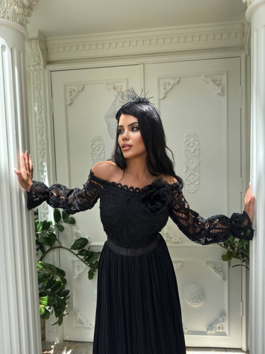Rochie lunga Neagra, Yllusion NepaGvf, cu detalii perforate si floare 3D din tulle [1]